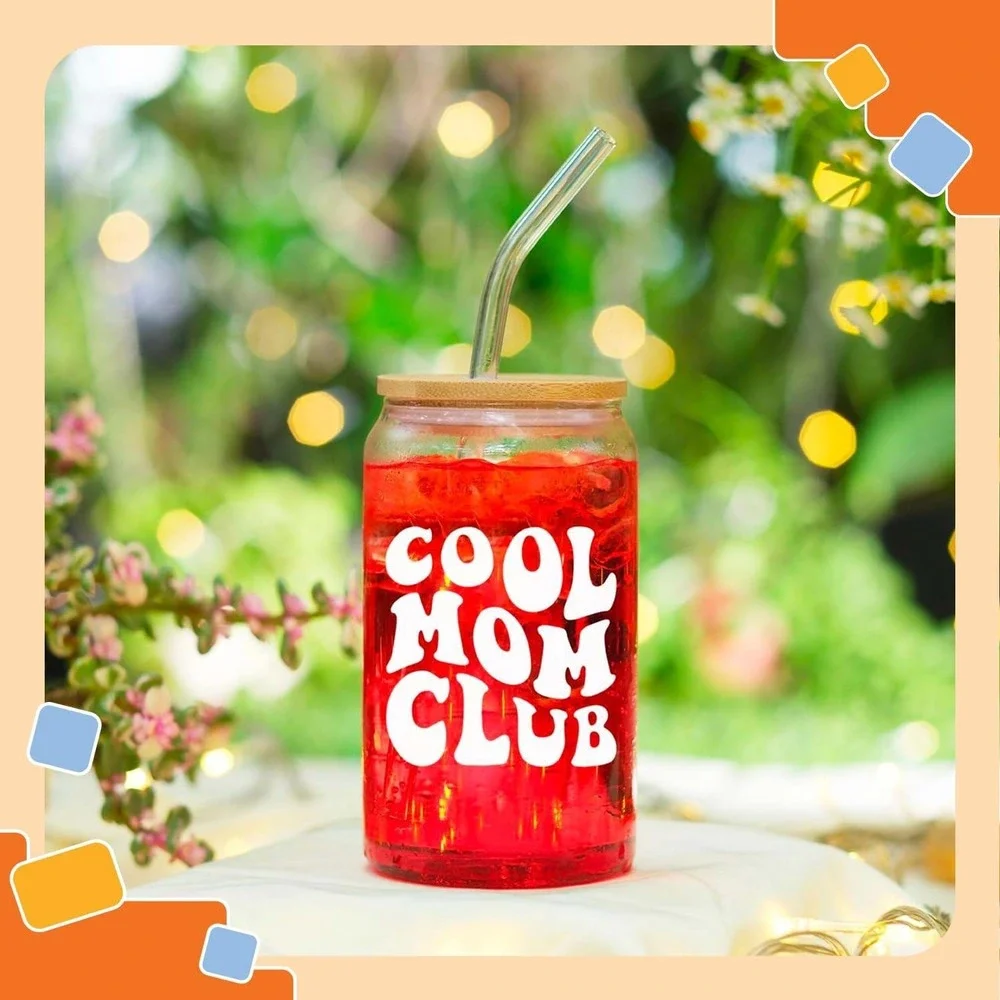 New Eleven Cool Mom Club Glass Can Tumbler with Bamboo Lid and Glass Straw 16oz